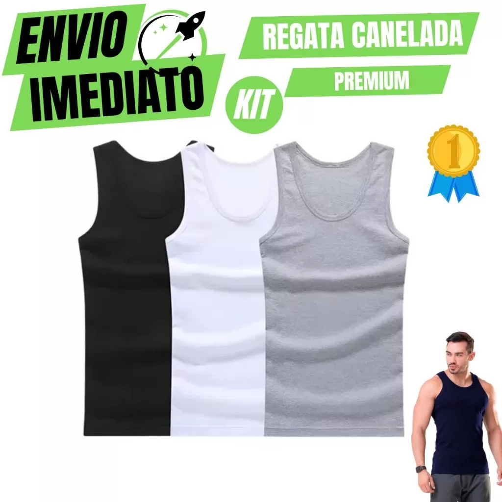 Kit C/3 e C/2 Regata Premium Masculina Modelo Americano Canelada Algodão e Elastano Malha Encorpada