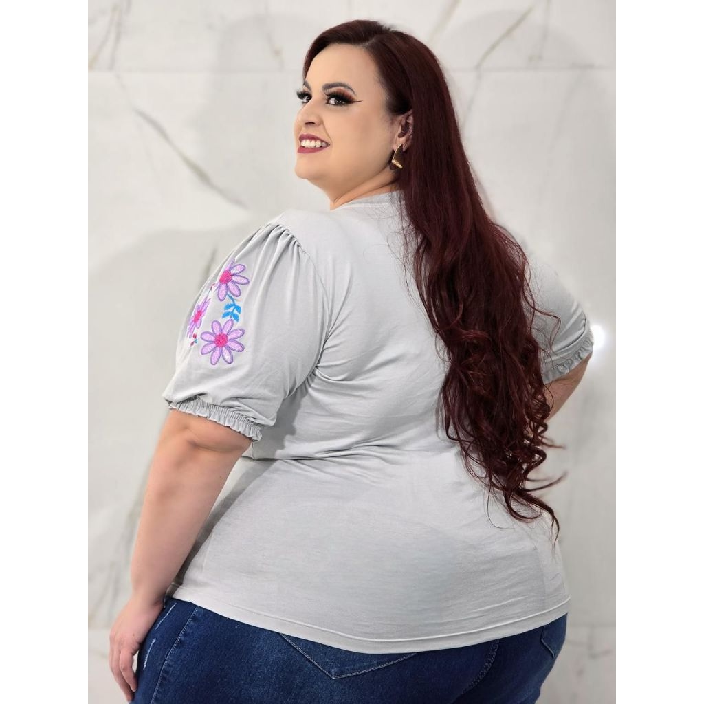 Blusa Feminina Plus Size Grande Camiseta Malha Bordada Tshirts Elegante