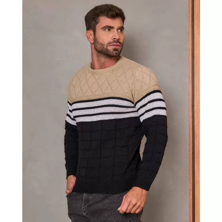 Blusa Masculina Suéter Tricô Manga Longa Gola Re