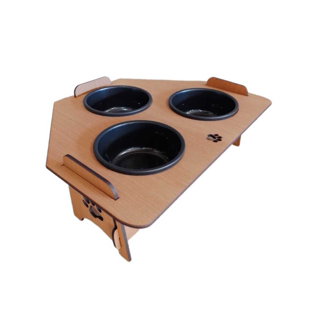 Comedouro Triplo  Elevado Para Gato e Cachorro Com 3  Tigelas MDF