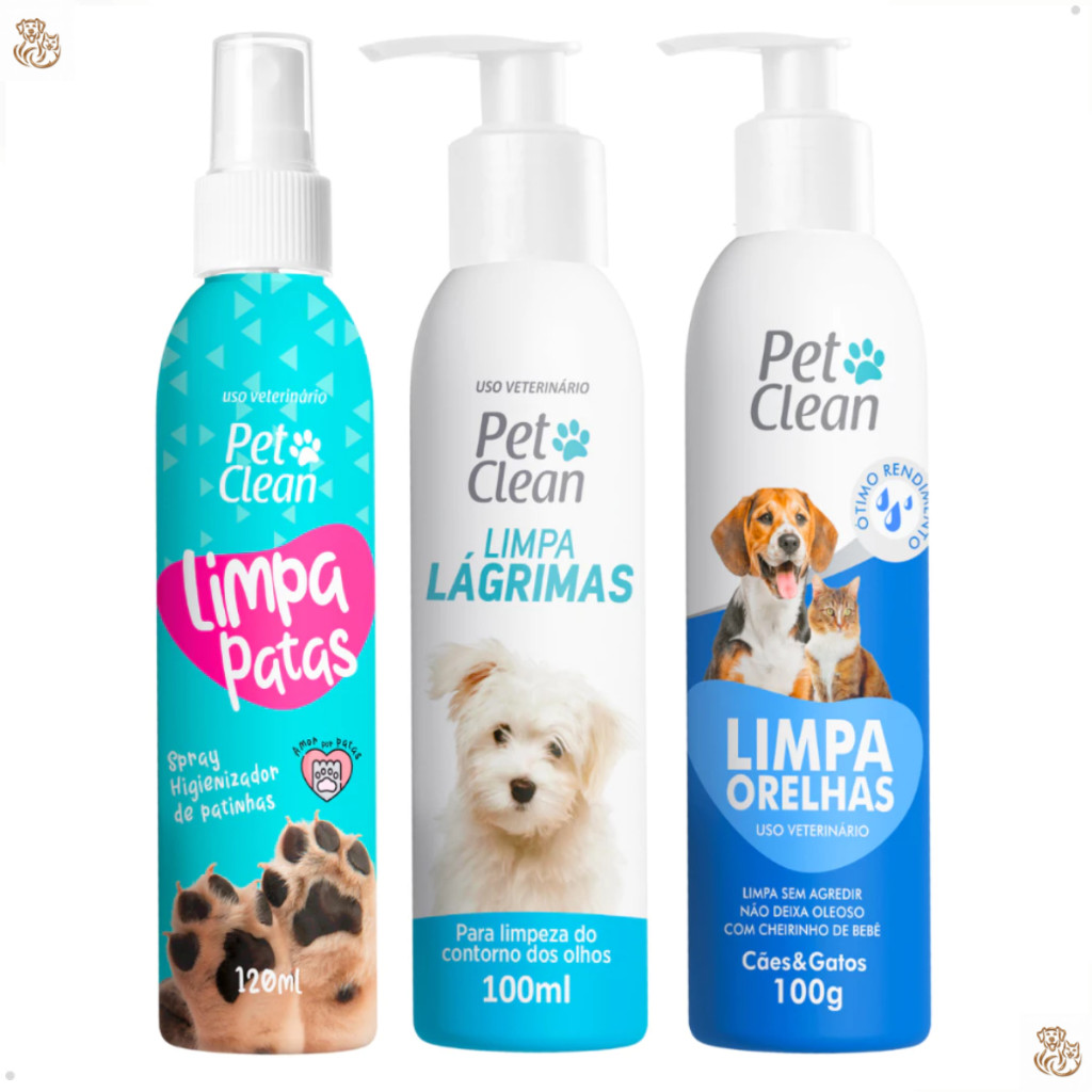 Kit Limpador de Patas Patinhas + Orelhas Ouvidos + Lágrimas para Cachorro e Gato Pet Clean