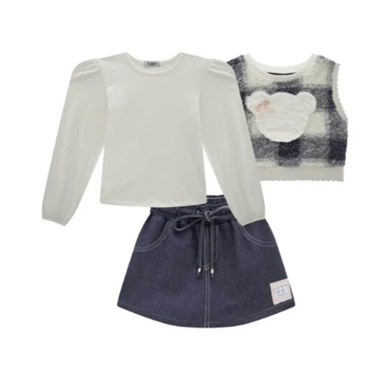 Kukie Trio Blusa Colete Pelinho Xadrez e Short Sai