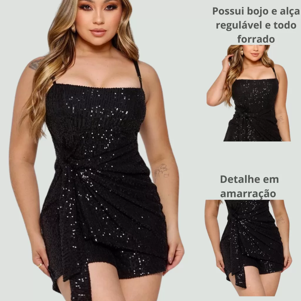 Macaquinho Feminino Curto Paetê Forrado Verâo Alça Regulável