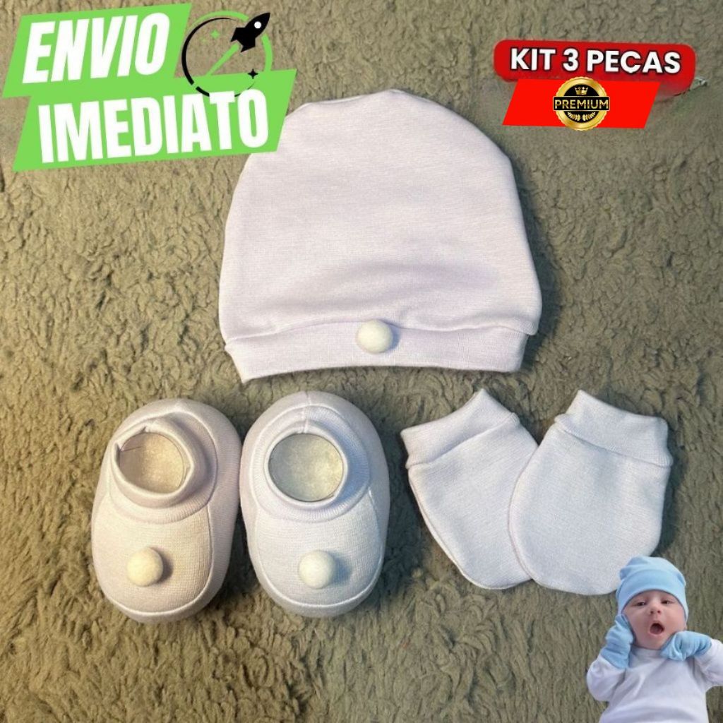 Kit C/3 Peças Touca Luva e Sapatinho De Bebê 0 À 3 Meses Kit Luxo Premium Qualidade