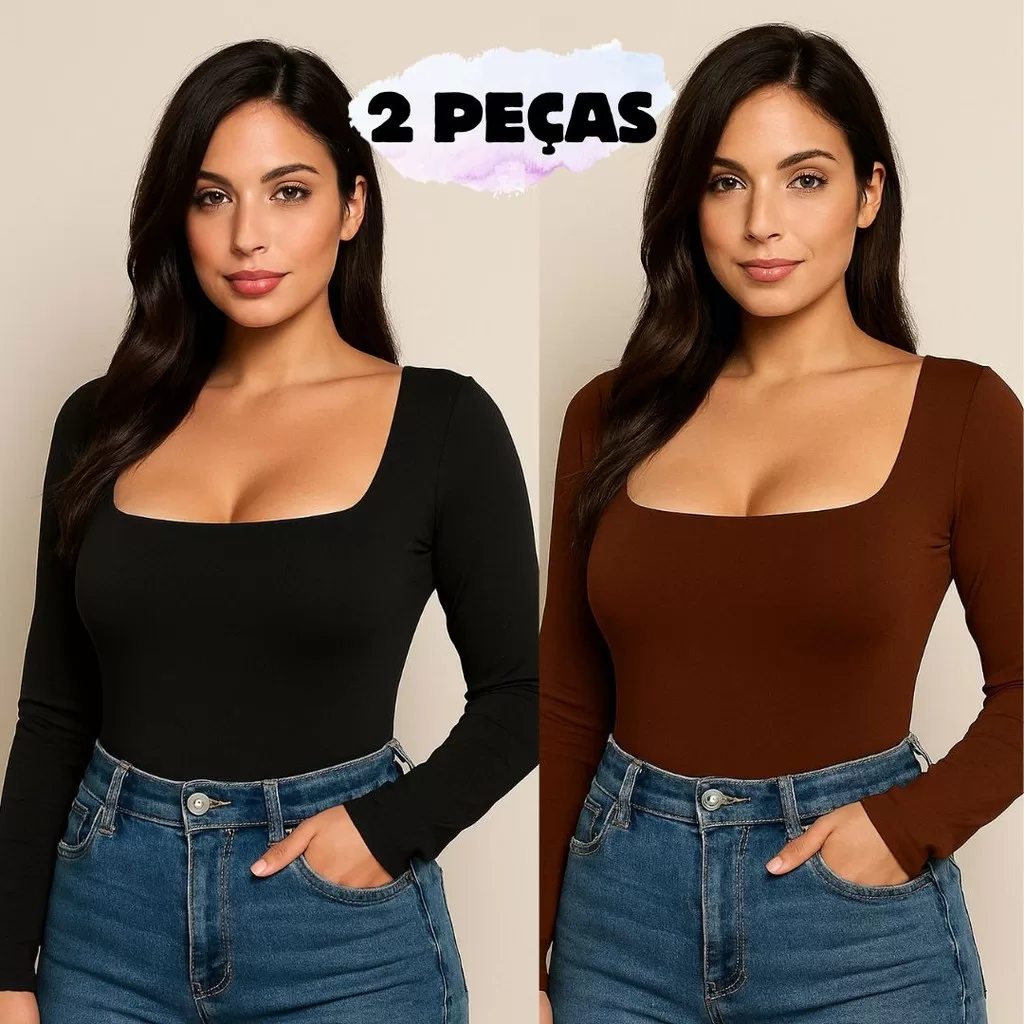 Kit 2 ou 1 Body Manga Longa Decote Quadrado Casual Blusinha Forro Duplo Sem Transparencia Dia Dia  T