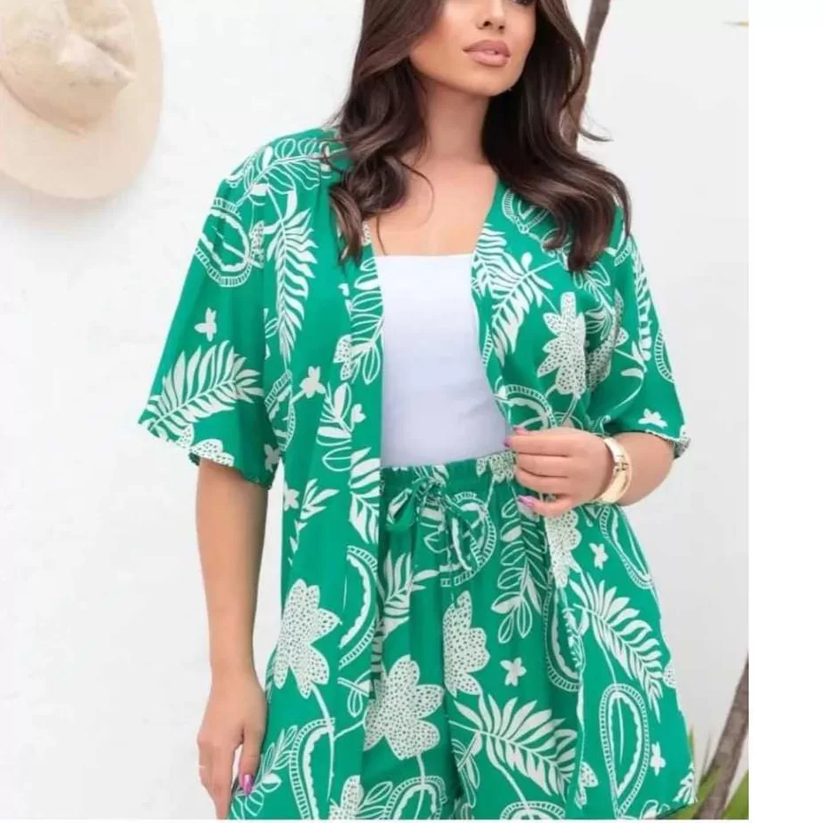 Conjunto estampado Feminino preto camisa e short moda kit 2 peças sensual kimono feminino