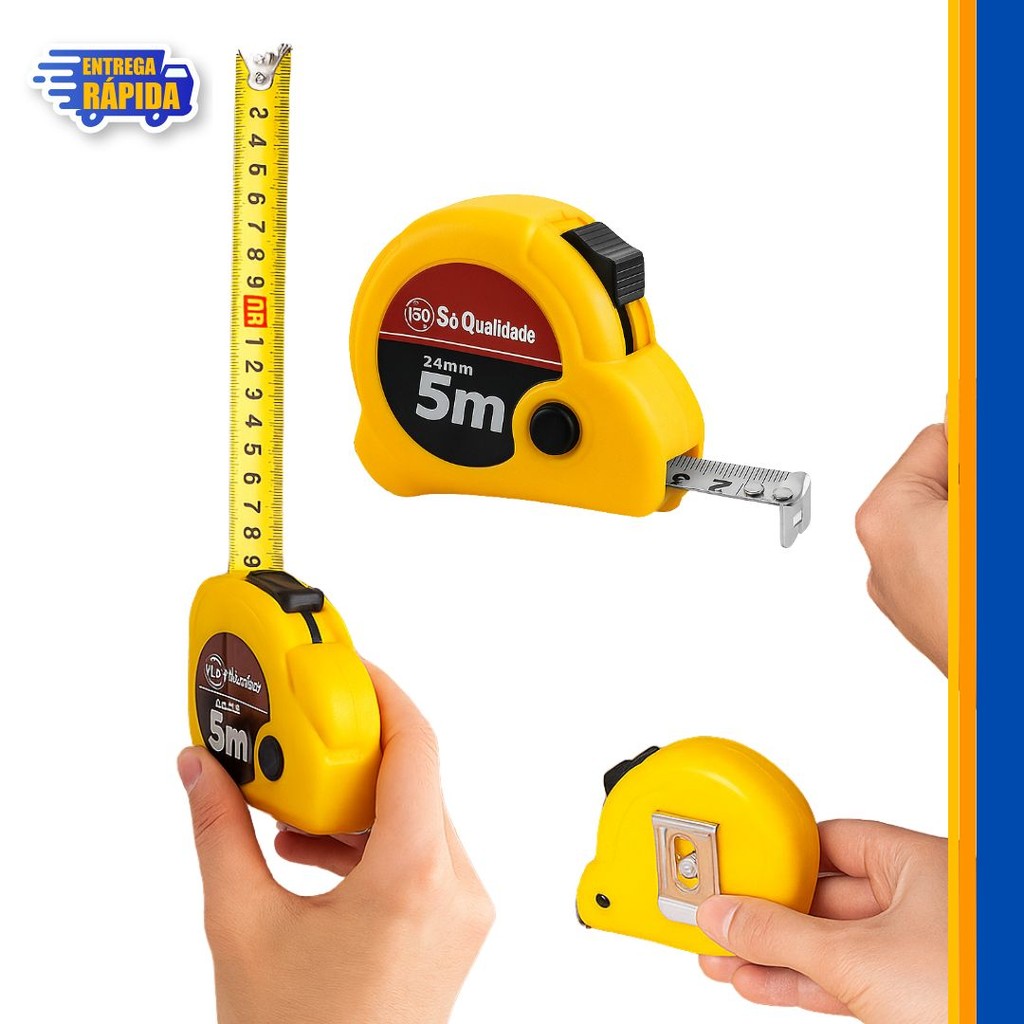 1 Trena 5 Metros x 24 mm de Metal Kit com 3 Und c/ Trava Freio Manual, Aferição das Medidas