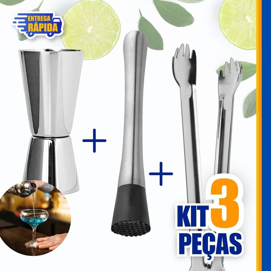 Kit Caipirinha 3/2/1 Bartender Pegador de gelo, Socador, Dosador duplo 25/50ml Inox profissional