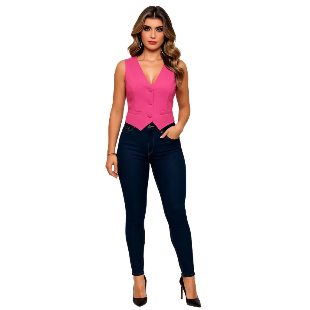 Calça Jeans Femina + Colete Alfaiaitaria Elegante Conjunto Moderno Estilo Chic