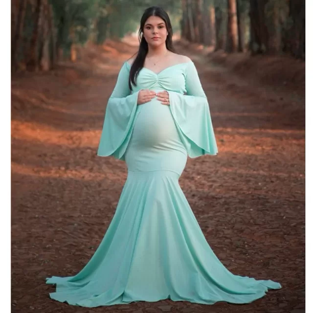 vestido para ensaio de gestante manga boca sino