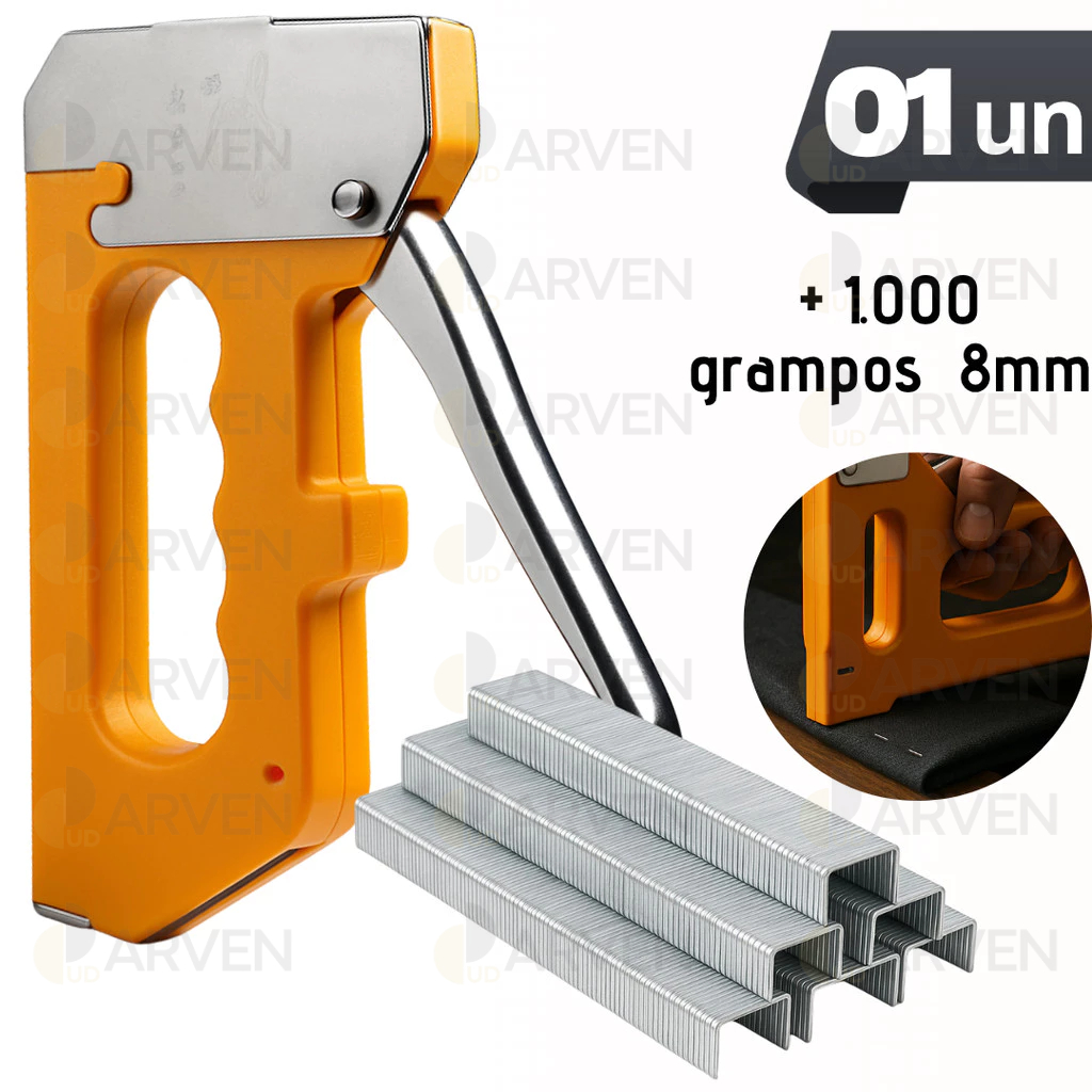 Grampeador Tapeceiro + 1.000 GRAMPOS ALTA PRESSÃO PROFISSIONAL Manual Aceita 4mm 6mm 8mm