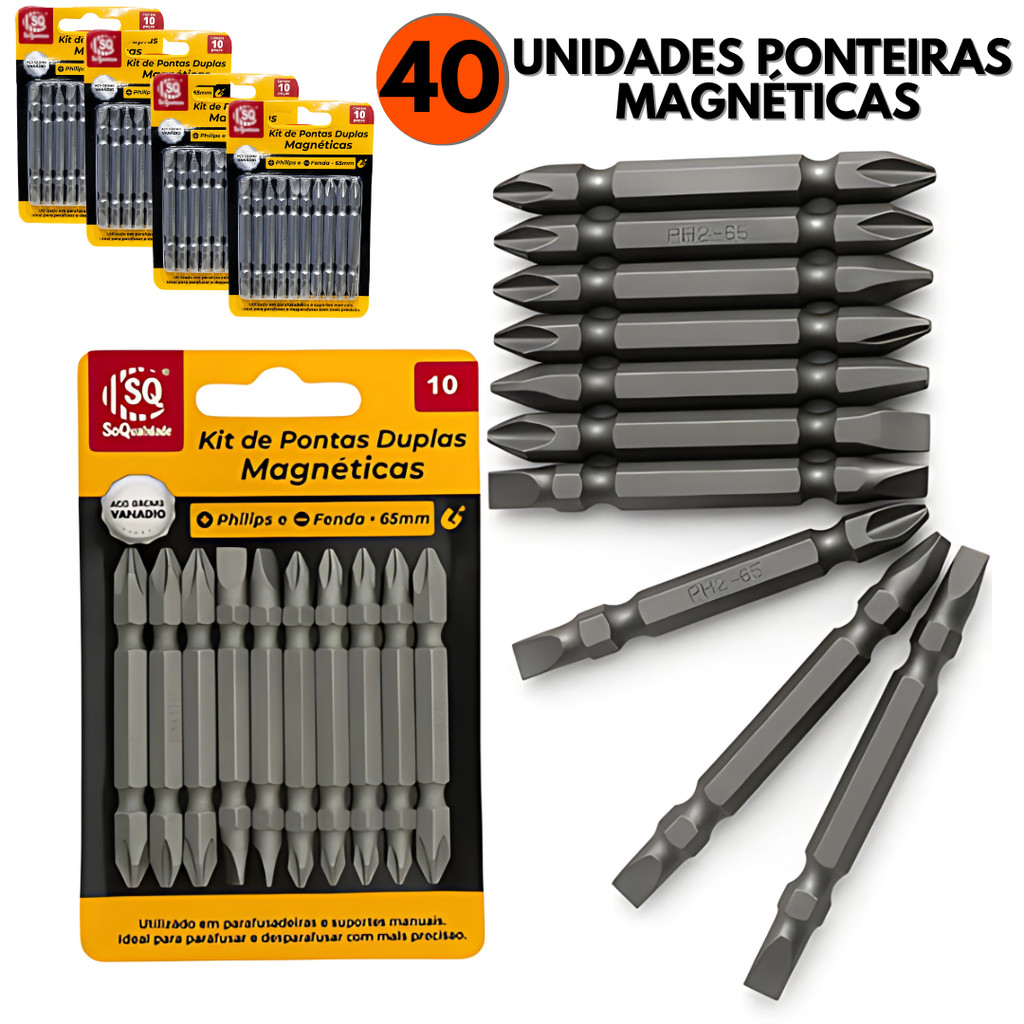 Combo 40 Ponteiras Fenda e Filipes, Ponteira Dupla Magnética | 3 Cartelas Aço Cromo Vanádio