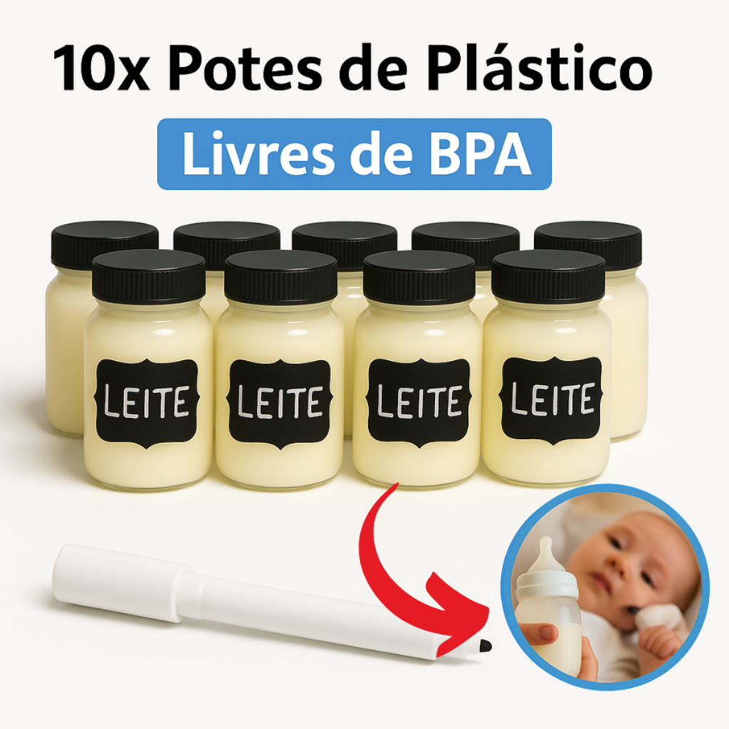Kit 10x Potes de Plástico 200ml + Etiqueta + Caneta p/ Leite Materno Papinha ENVIO IMEDIATO