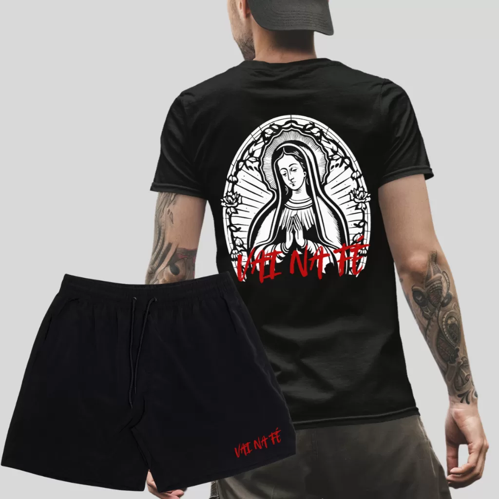 kit Camiseta Masculina Nossa Senhora de Guadalupe + Bermuda Elastano