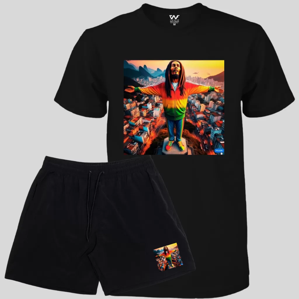 Conjunto Reggae Camiseta Bob Marley + Bermuda Masculina Elastano Lançamento