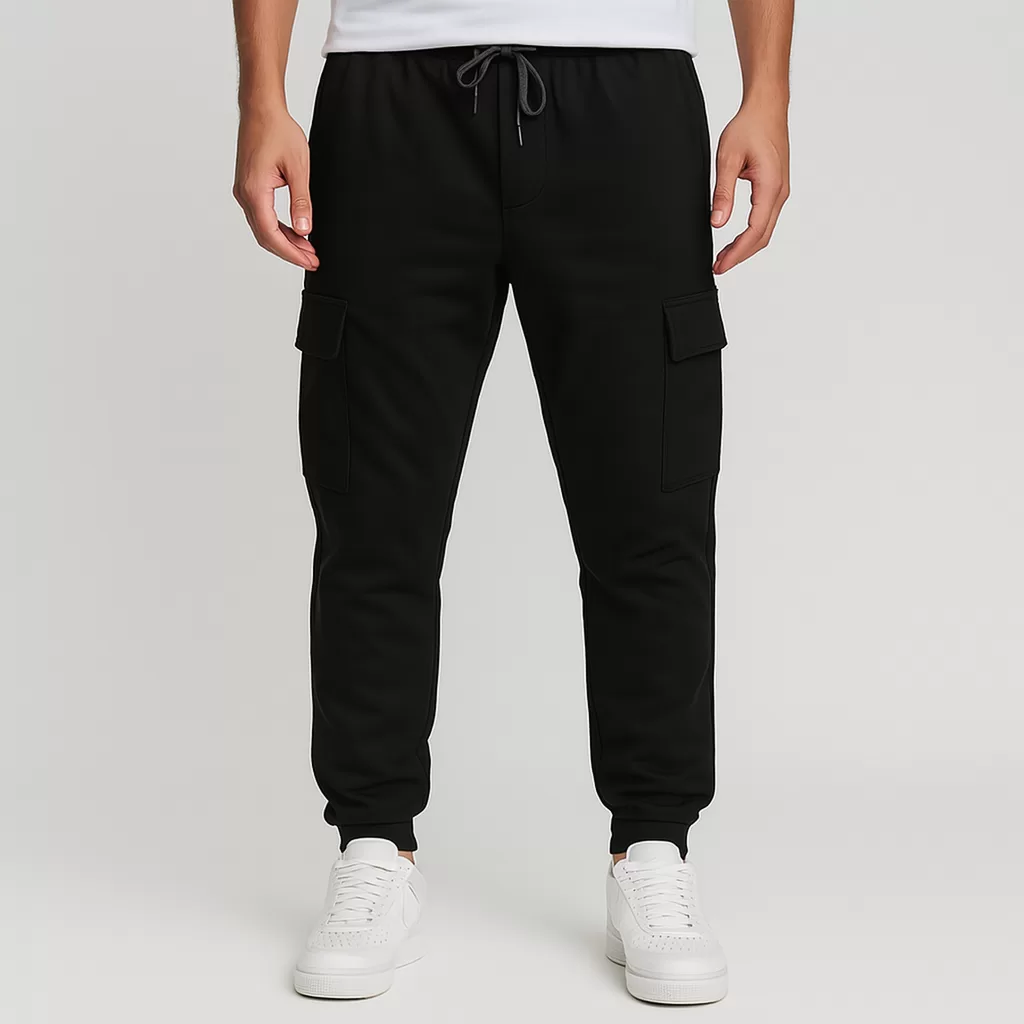 calça moletom masculina cargo preta com punho e bolso frio inverno