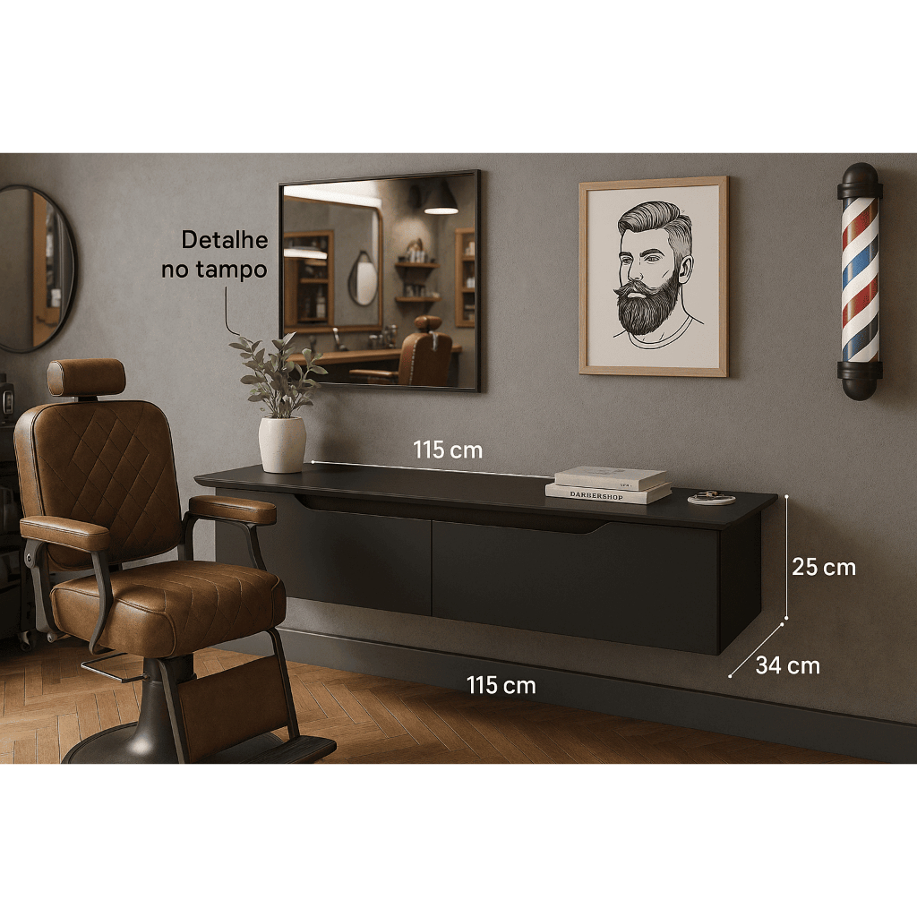 Aparador Suspenso para Barbearia em MDF Preto Fosco com 2 Portas  Estação de Trabalho Profissional