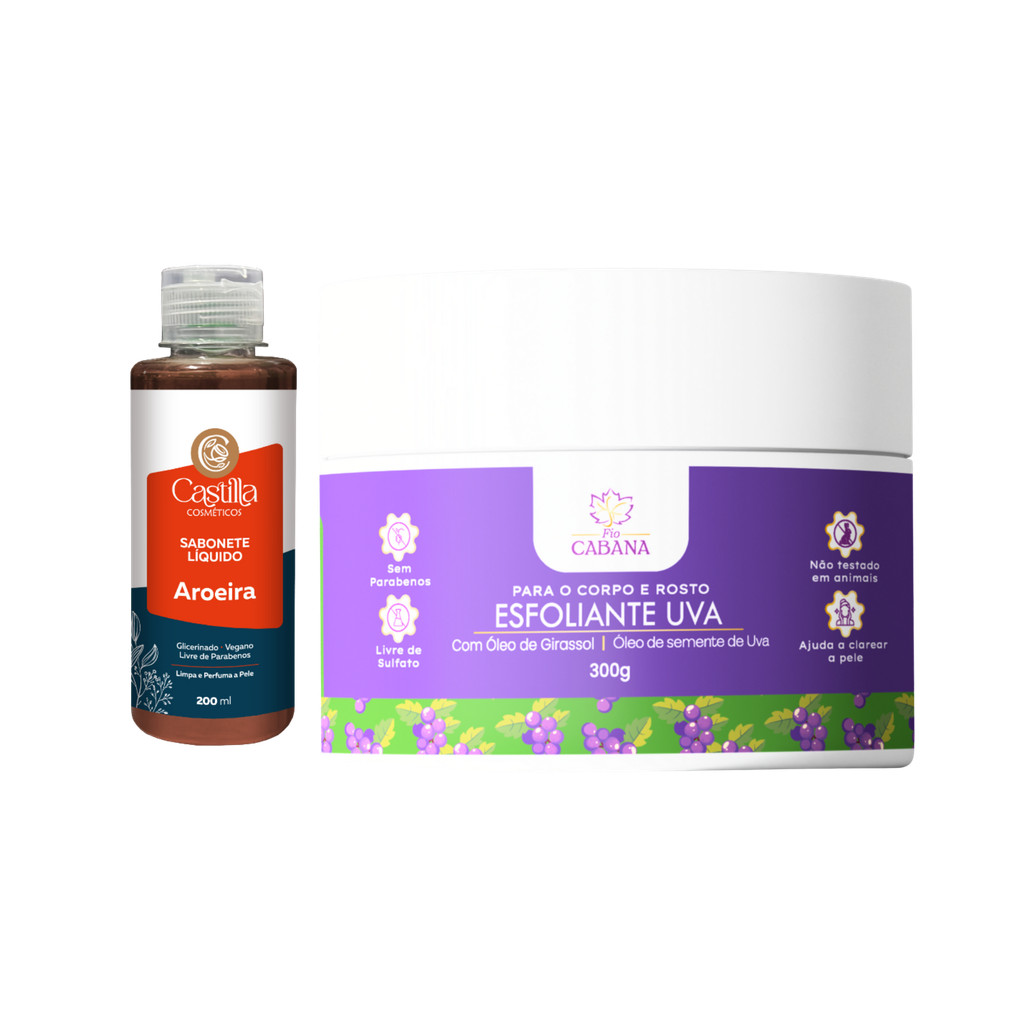 Kit Sabonete Aroeira Castilla 200mL + Esfoliante Uva Fio Cabana 300g | Limpeza e Hidratação Vegana