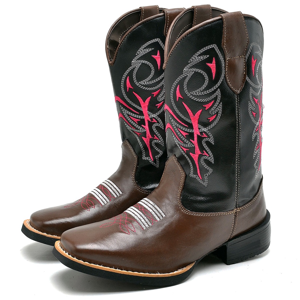 Bota Texana Feminina Café Com Bordado Tribal Rosa