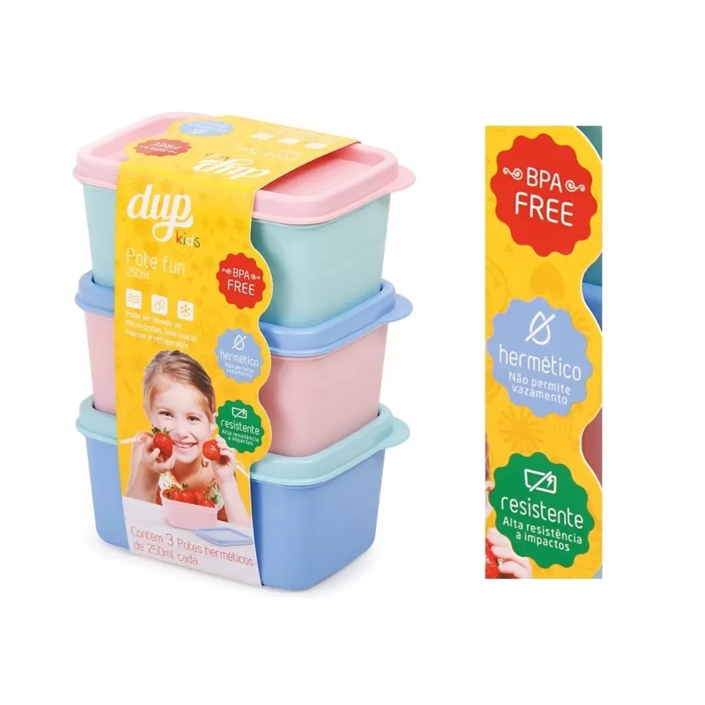 3 Potes Herméticos Dup Kids  250ml Plástico Marmita Lancheira