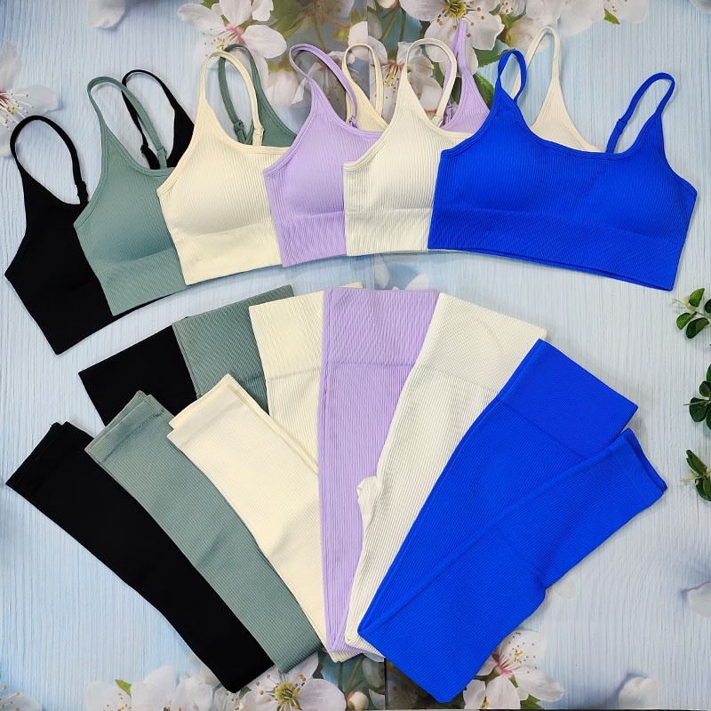 Conjunto De Yoga Com Nervuras Esportiva Mulher Ginástica Sem Costura 2Pcs Fatos Fitness Sportswear