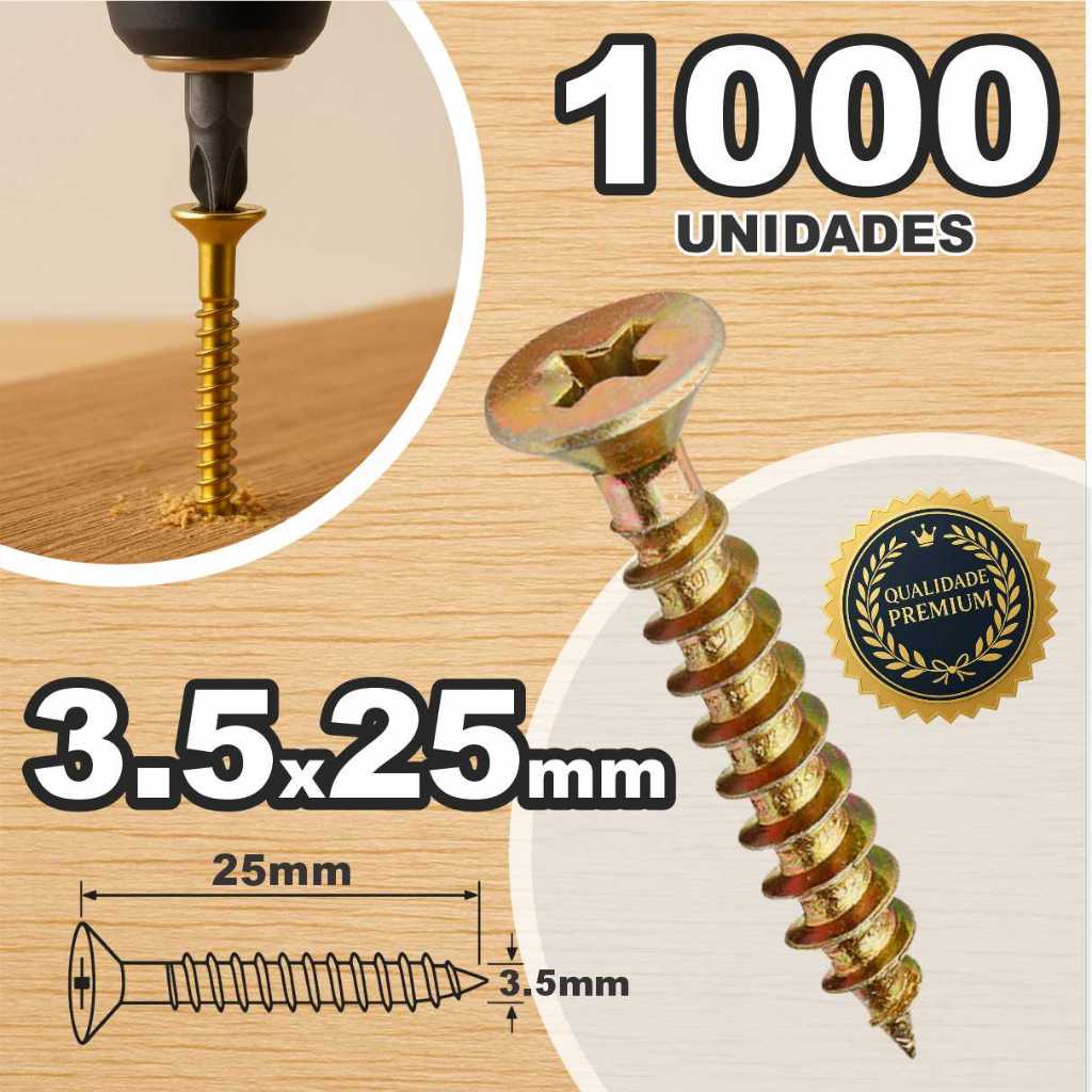 Caixa 1000 Parafusos 3.5 x 25 Chipboard Phillips Para Madeira Moveis MDF Drywall Palete