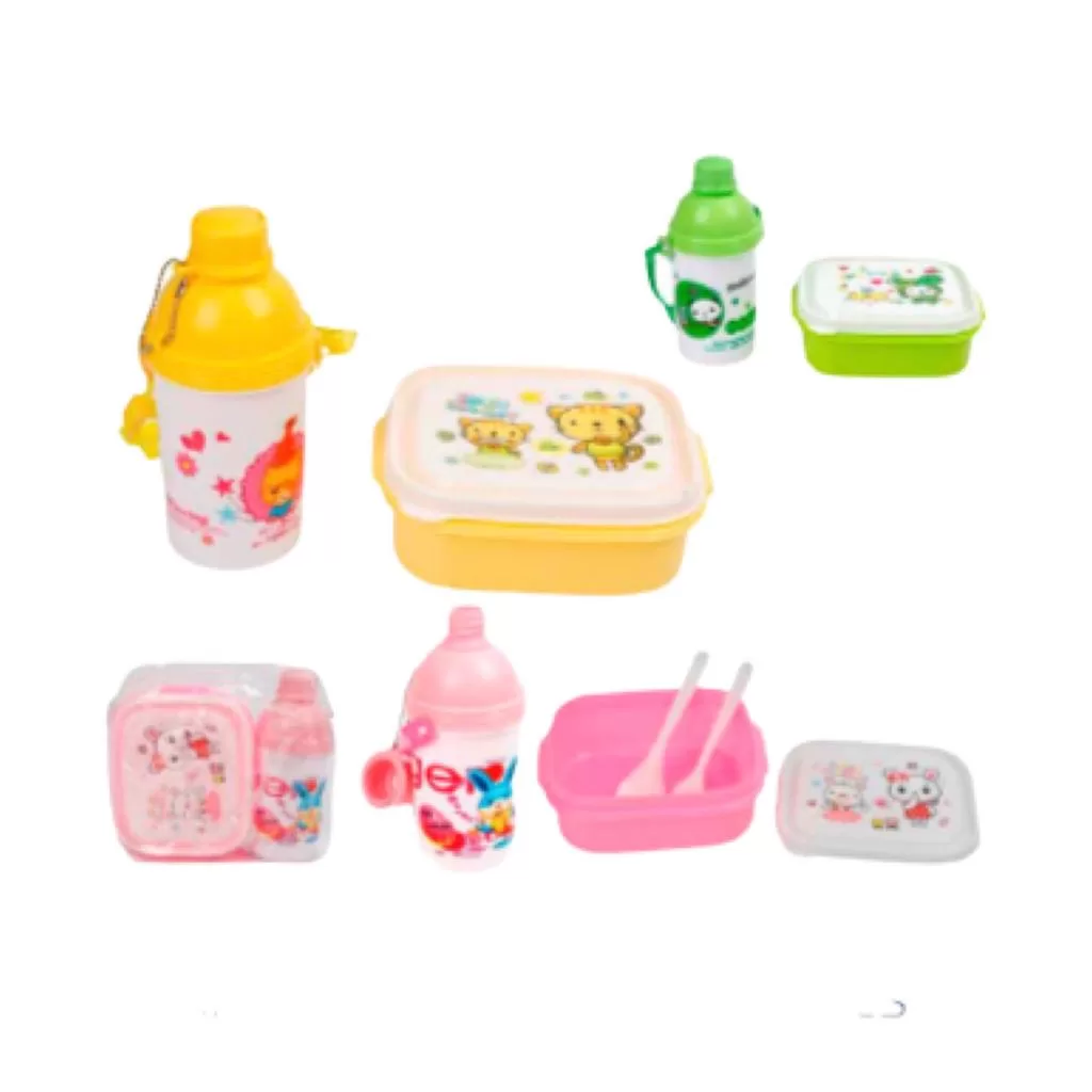 Kit Refeição Infantil com 4 Peças Lancheira, Garrafinha e Talher Acompanha Bolsinha KRI-45 Novos e d