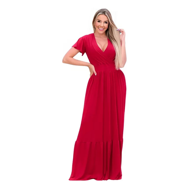 Vestido Longo Manga Curta Elastex Cintura Franzido