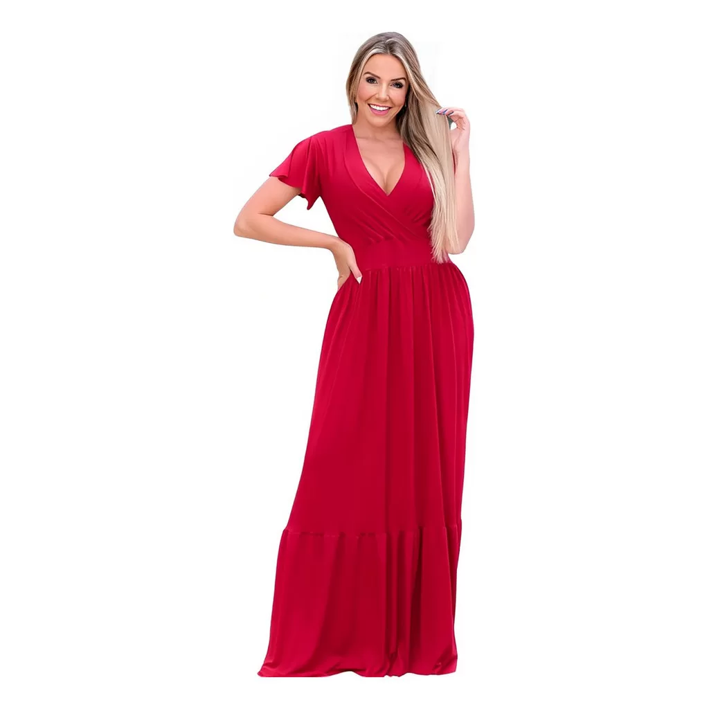 Vestido Longo Manga Curta Elastex Cintura Franzido Sem Bojo Feminino