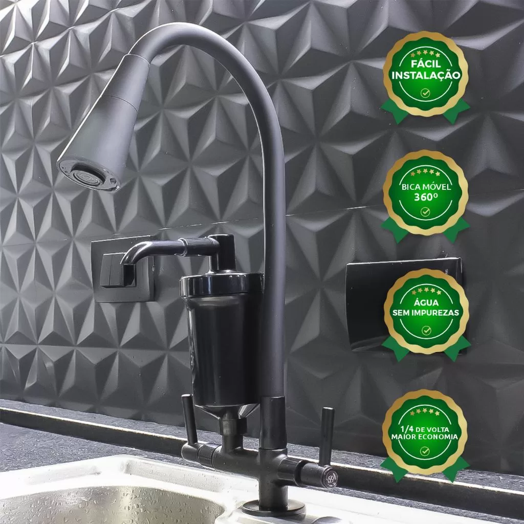 Torneira Filtro Gourmet Pia Cozinha Flexível Bancada Preta