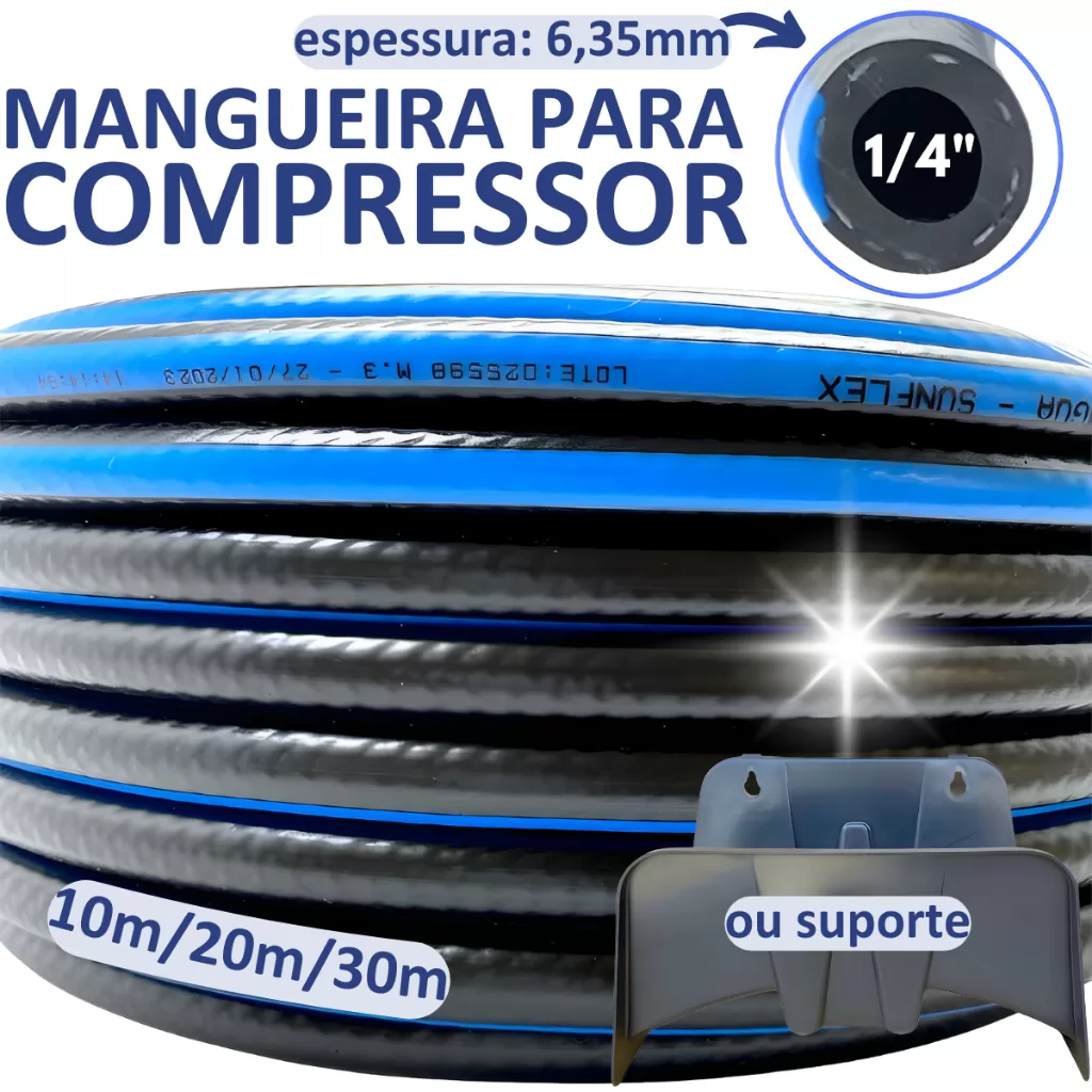 Mangueira Para Compressor de Ar 1/4 Comprimido Agua 50, 30, 20, 10 Metros Preta Borracha 6,35mm 300p