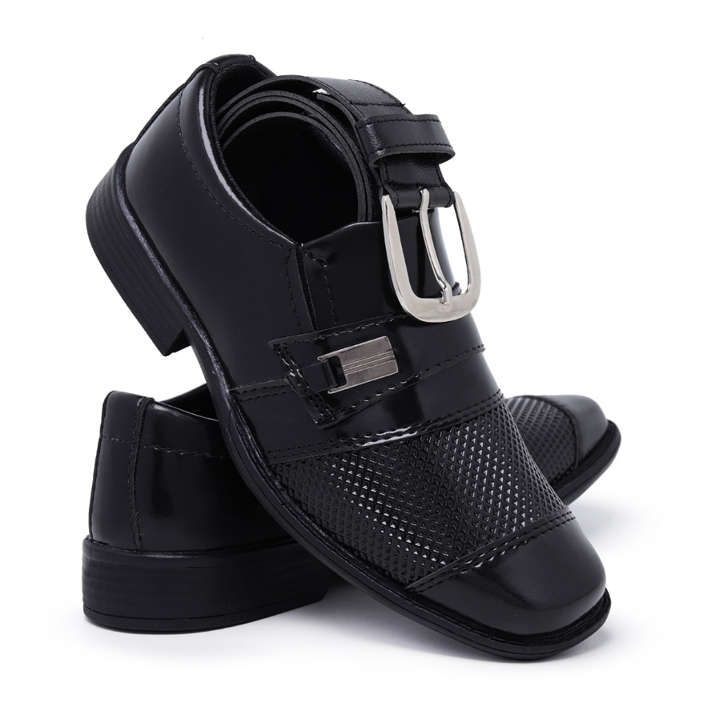 Sapato Social Infantil Cor Preto Couro + Cinto Casamento Uniforme Dia-adia