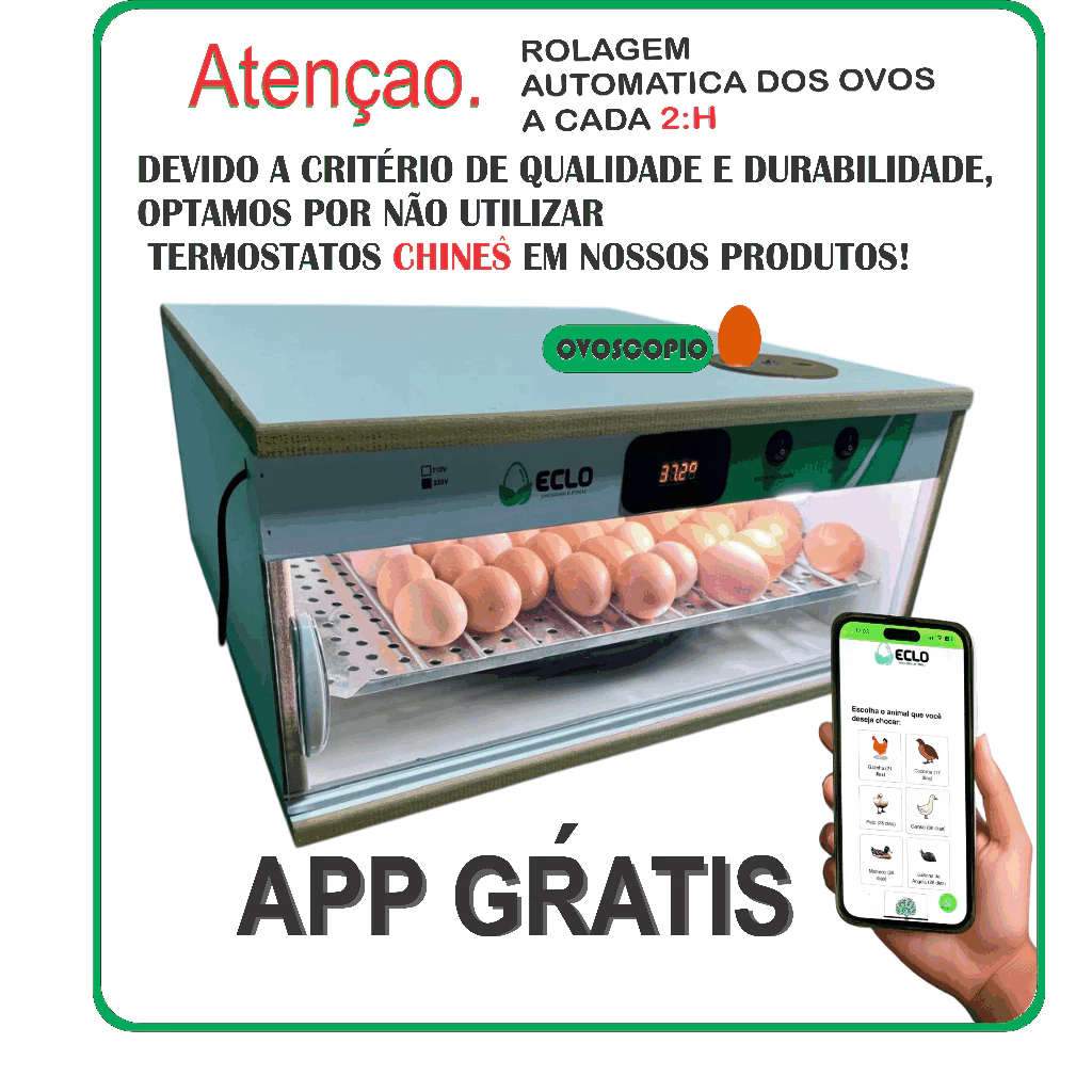 Chocadeira Automática e Digital 42 ovos de galinha+ Ovoscópio