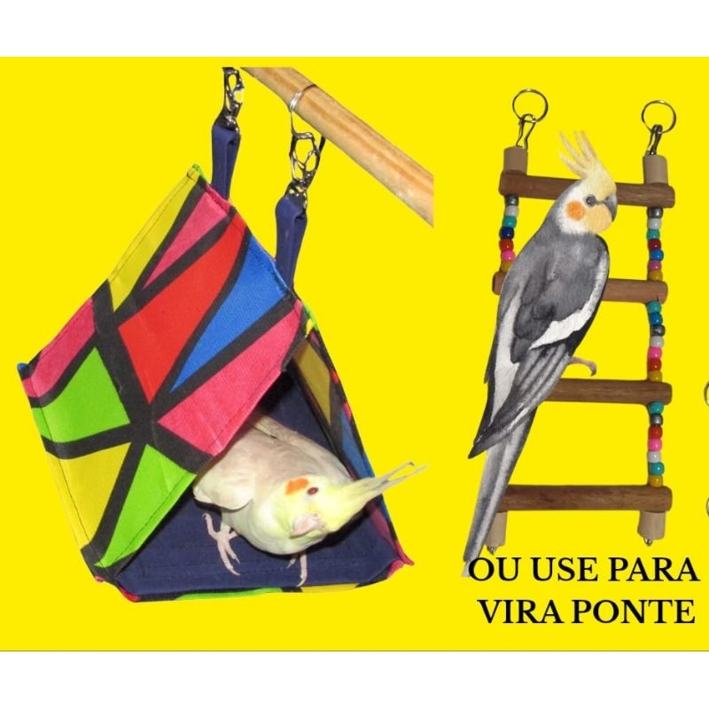 Kit Brinquedo Para Calopsita  Cabana Toca + Ponte De Missanga Brinquedo Para Gaiola Periquito rinq n