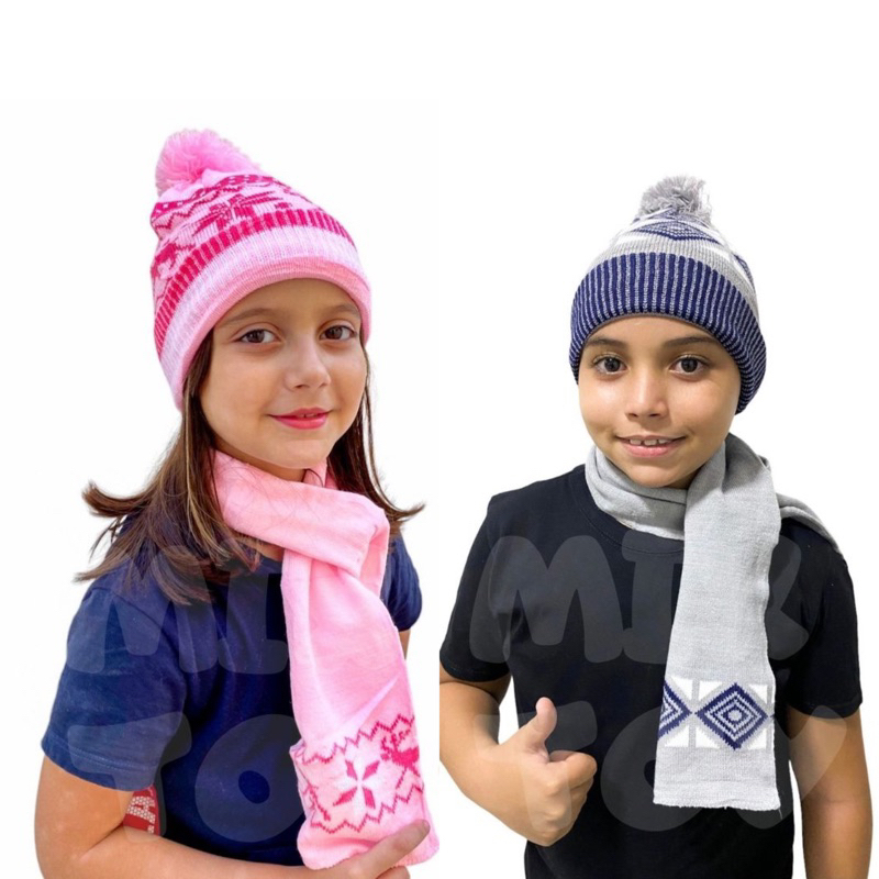 Kit Touca e Cachecol Lã Infantil 0230 Inverno Menina e Menino