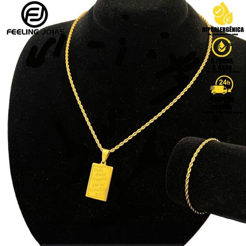 Corrente Masculina e Feminina Aço Inoxidável 316L Prata/Dourado Colar com Pingente Placa Tudo Posso