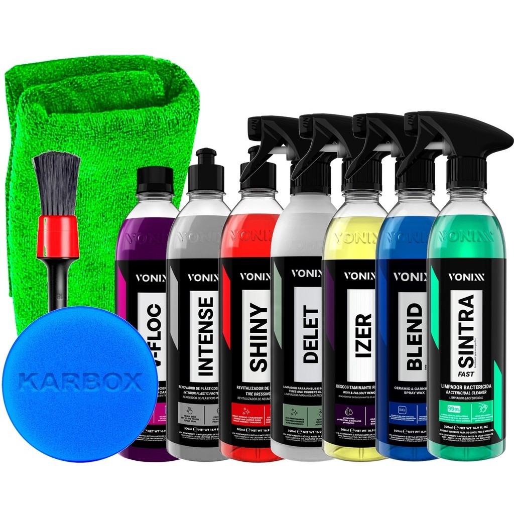 Kit Lavagem Completa Vonixx Shampoo V-Floc Intense Selante Pneu Shiny Delet Izer Cera Blend Acessóri