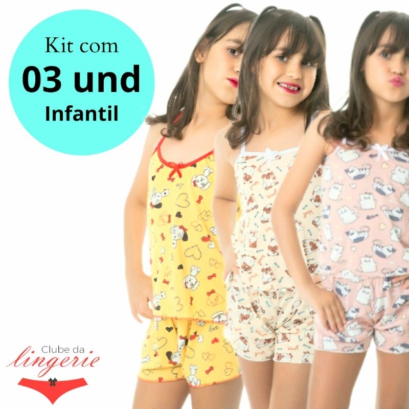 Kit 03 Pijama Infantil Menina Com Estampas Sortidas Short Doll Feminino Em Microfibra Baby Doll