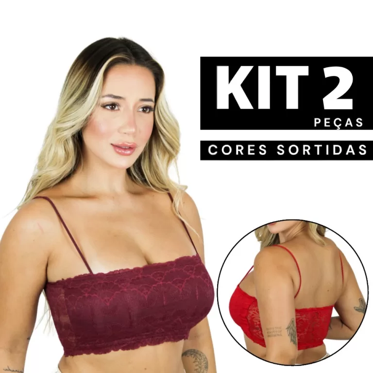 Kit 2/1 Cropped Sem Bojo em Renda Sutiã Top Faixa