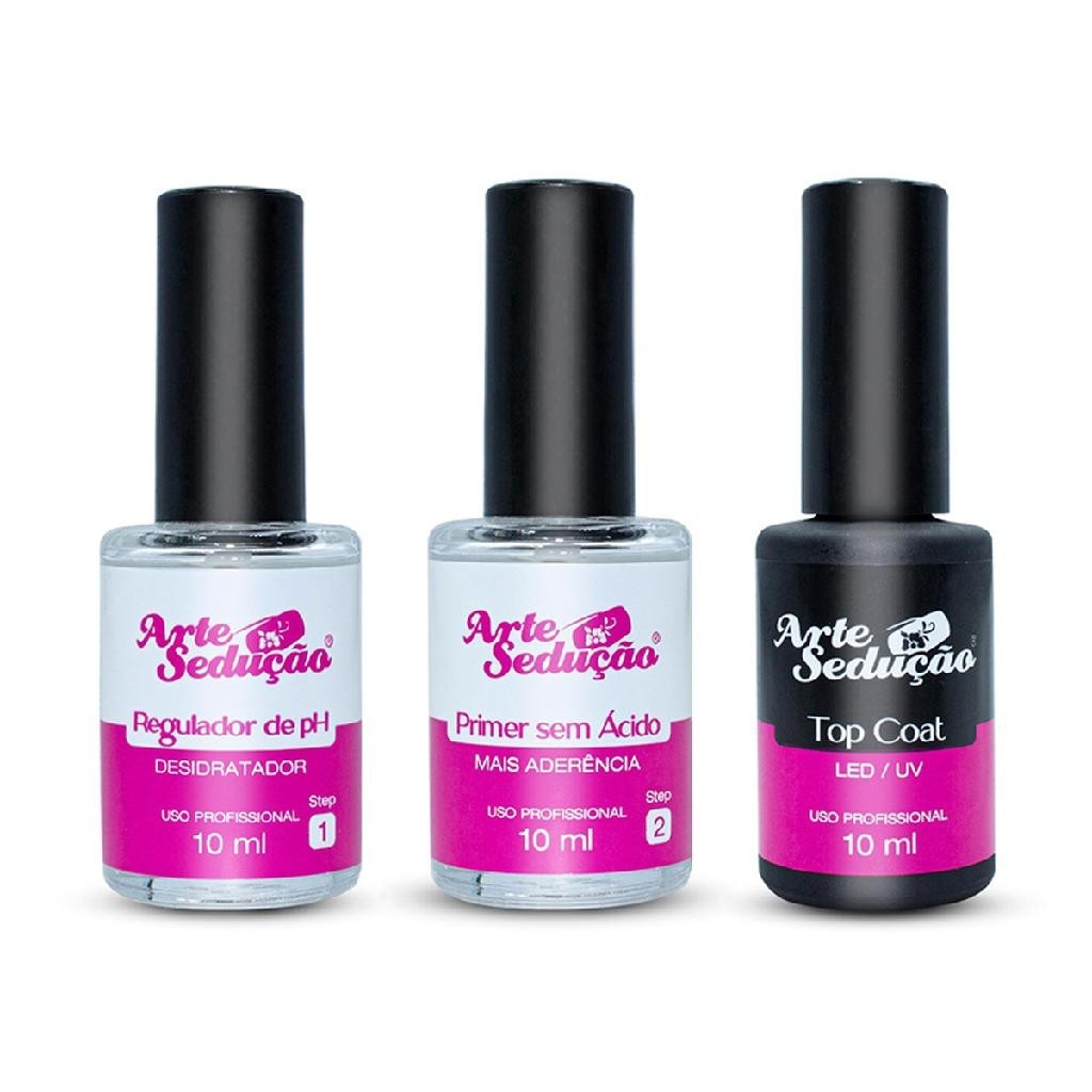Kit Regulador pH + Primer Sem Ácido + Top Coat Alto Brilho Unhas Manicure Gel Alongamento Nail Art