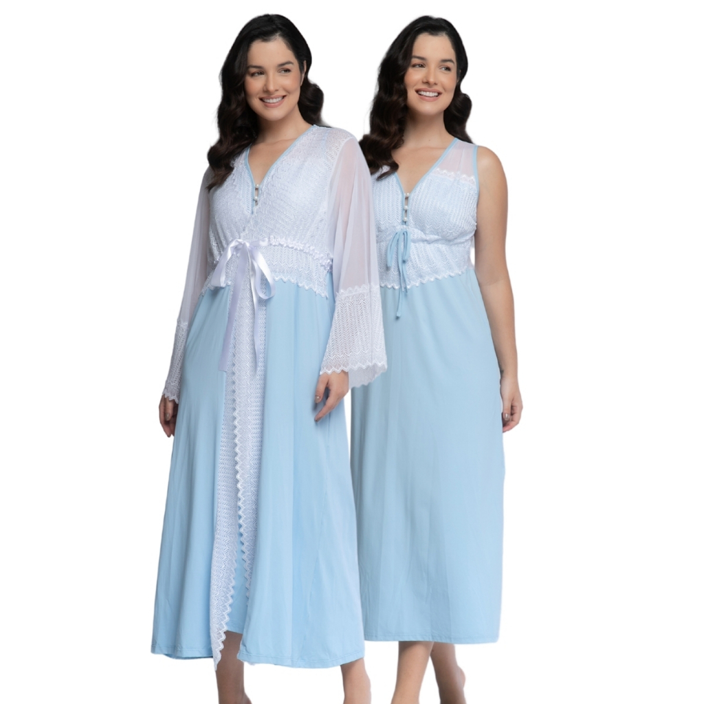 Kit Robe e Camisola de Amamentação Renda Delicado Pós Parto