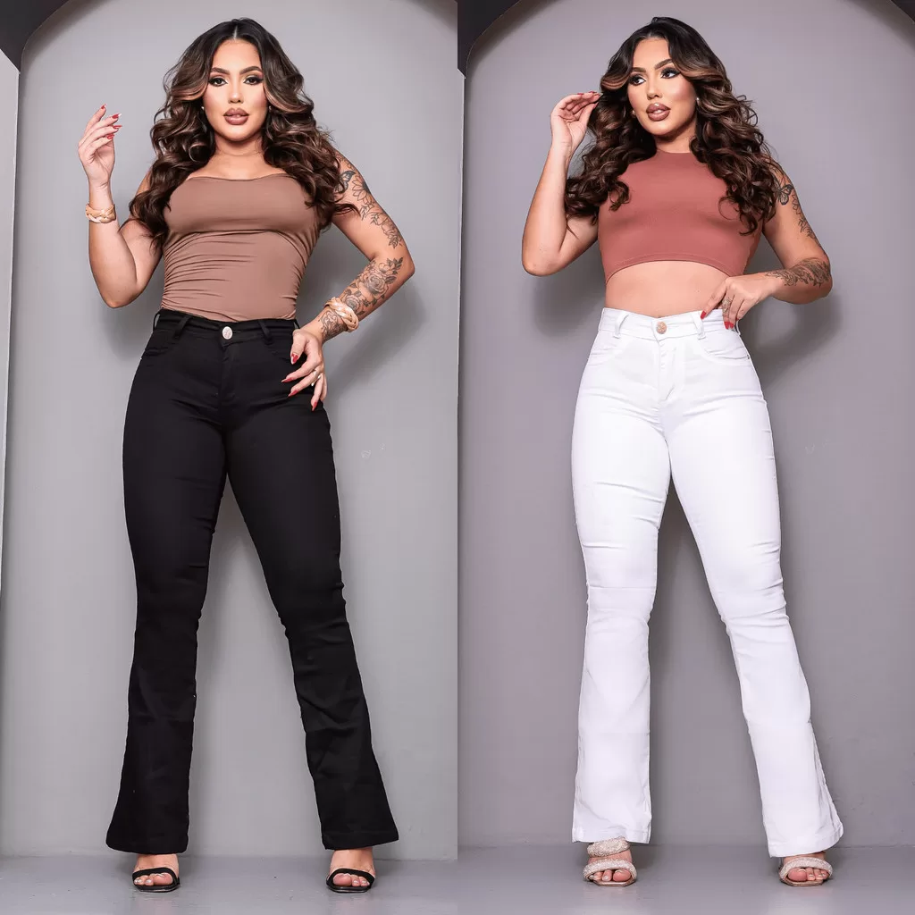Kit 2 Calça Jeans Flare Feminina Wide Leg Branca Preta Lycra Empina Bumbum e Afina Cintura Premium