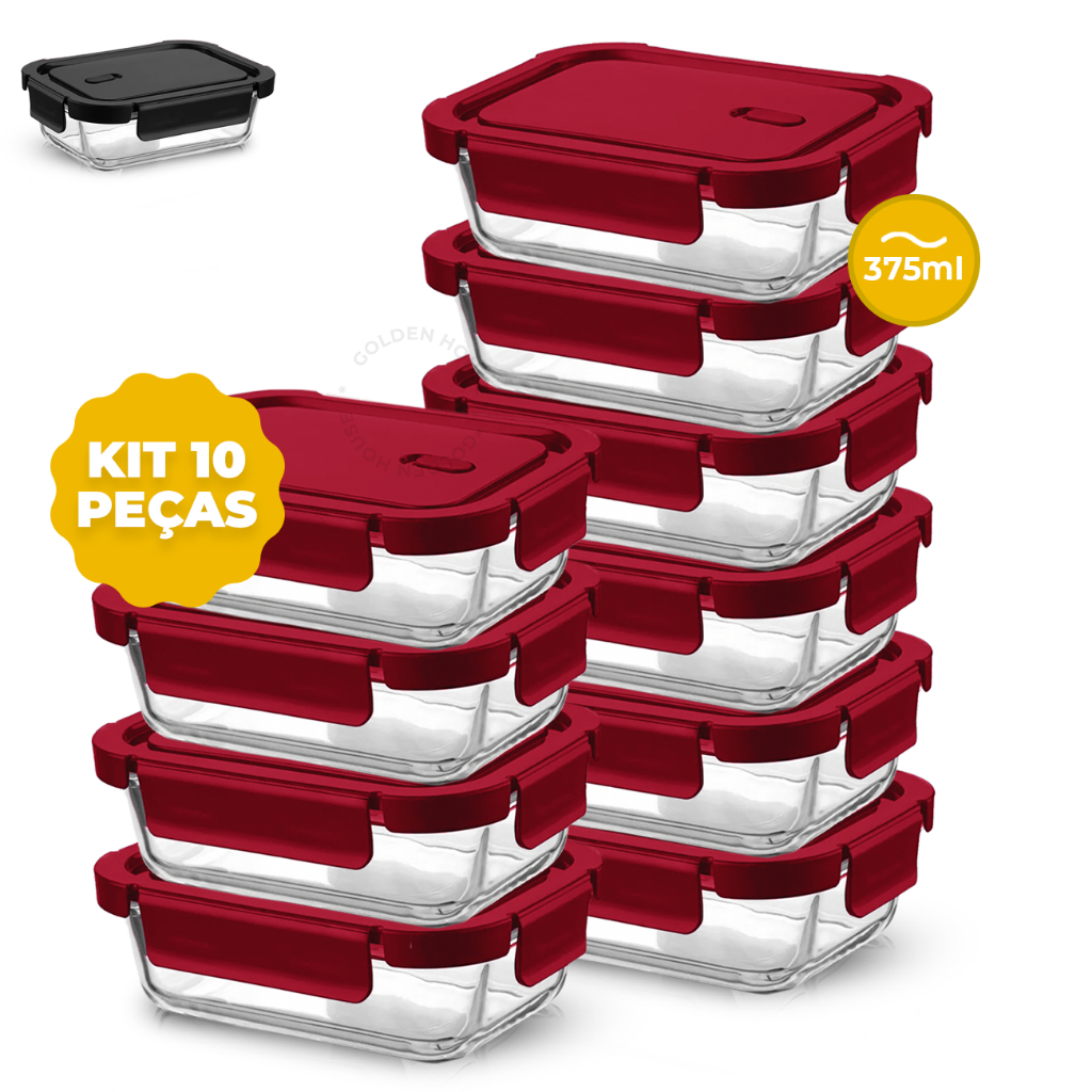 Kit 10 ou 5 Potes Vidro 4 Travas 375ml Hermético  Retangular Marmita Premium