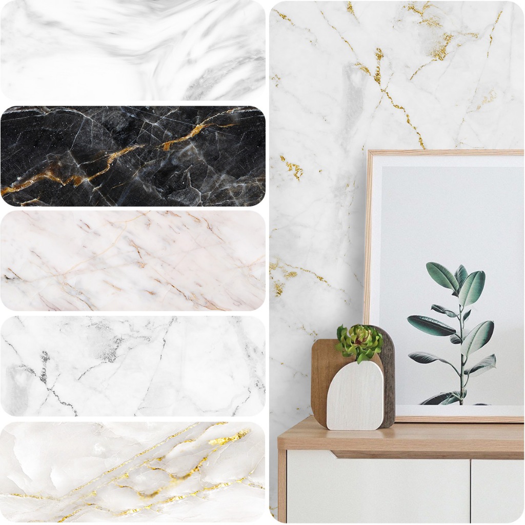 Papel de Parede Mármore Branco e Dourado Adesivo Para Sala Quarto | Vinílico Marmorizado Lavável e I
