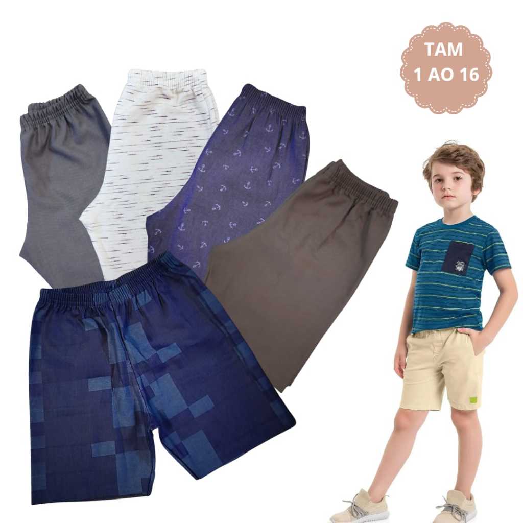 Kit 4 Bermuda Masculina Infantil | Shorts Curto Verão Menino | Moda Juvenil | Escola Lazer | 1 ao 16