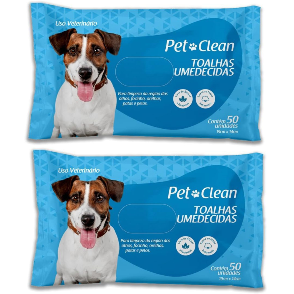 Kit 2 Toalhas Lenços Umedecidos Para Pet Cães e Gatos Total de 100 Lenços Higiene e Limpeza de Pets