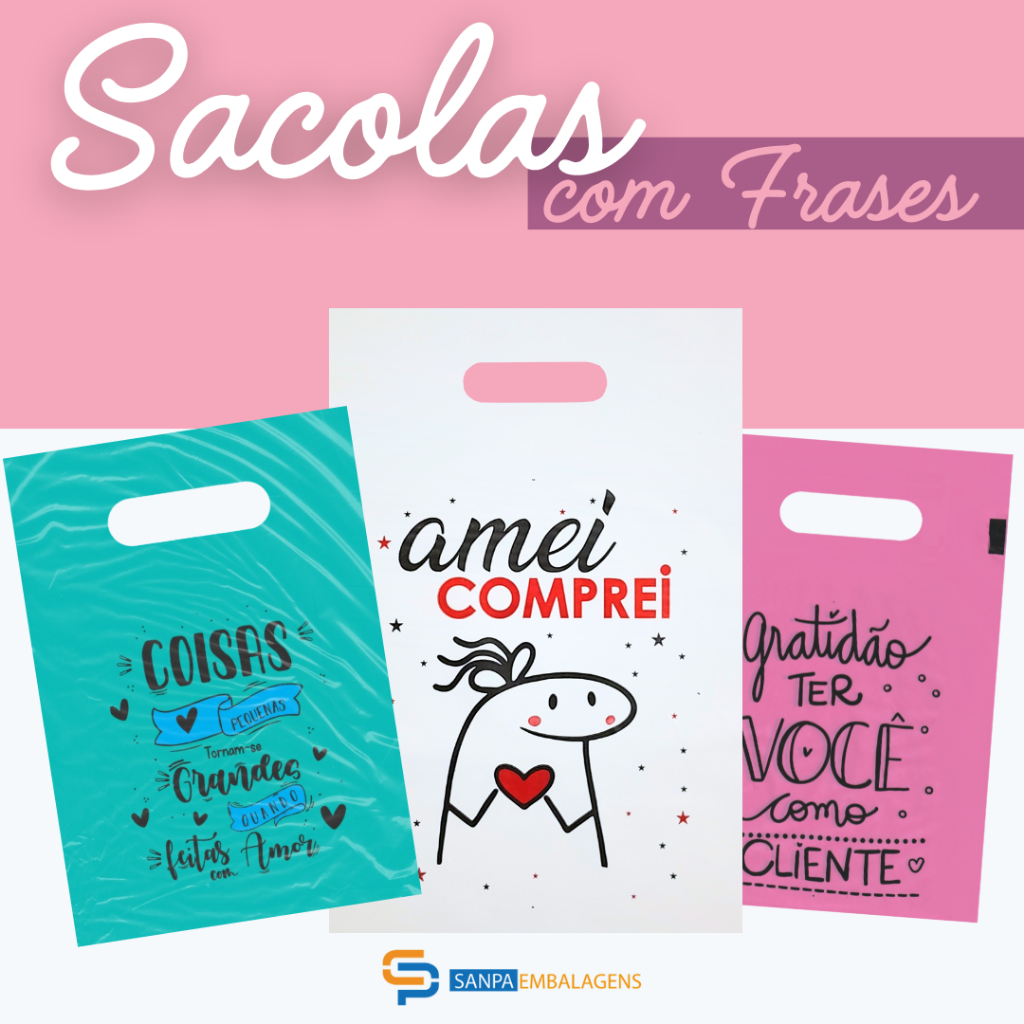 Sacolas Boca de Palhaço Alça Vazada bolsa com Frases 16×20, 20×30 ou 30×40
