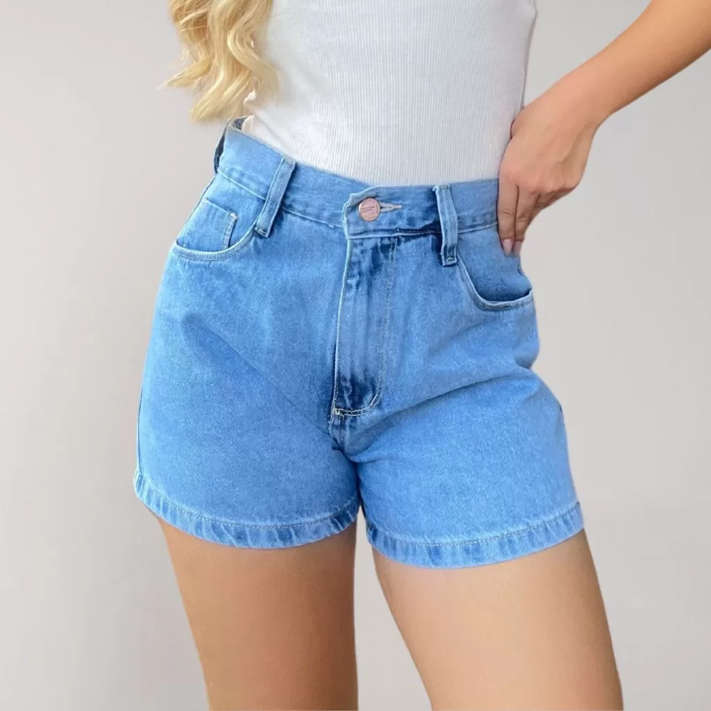 Short Jeans Feminino Cintura Alta Com Barra Tecido Grosso 100% Agodão Cos Alto Sem Lycra