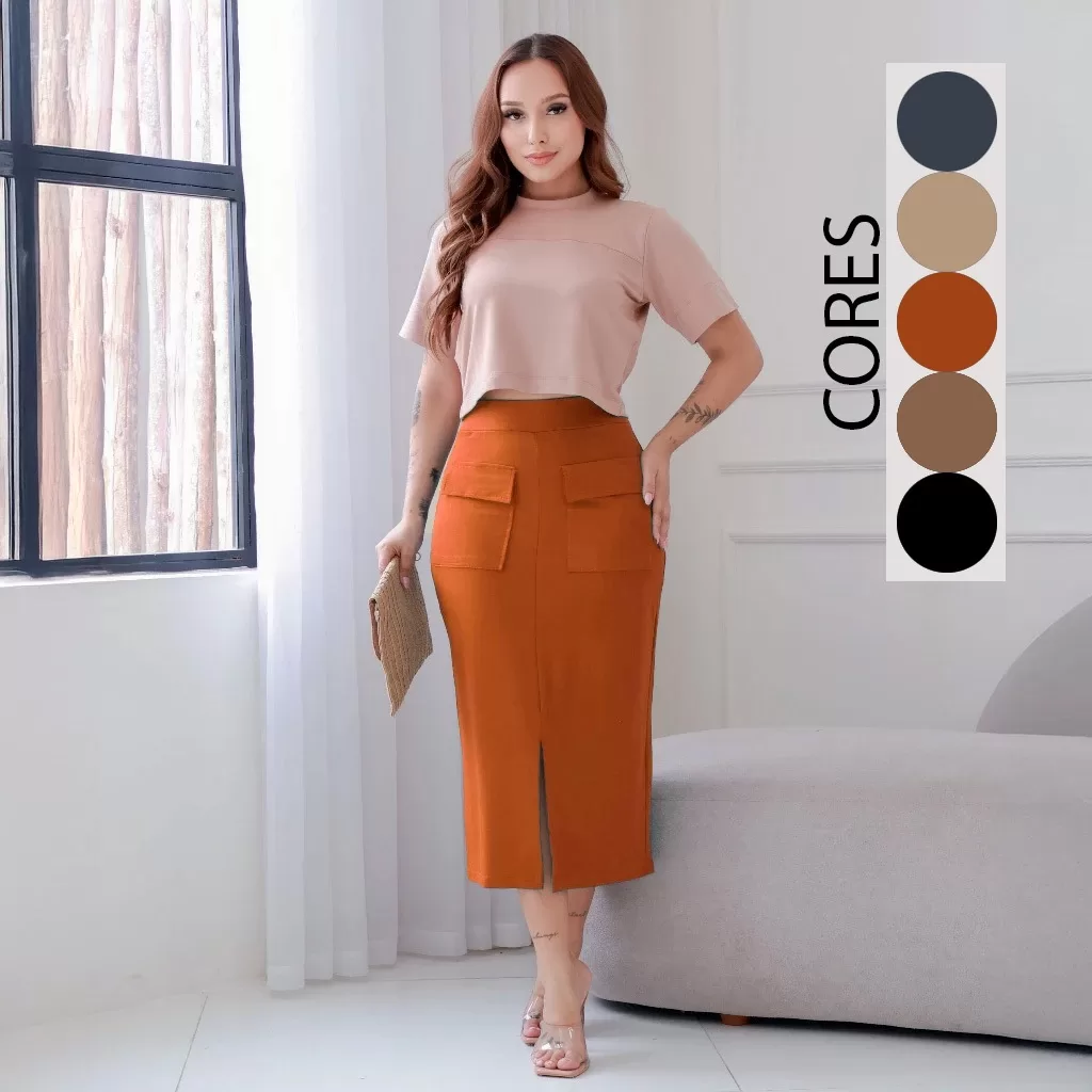 Saia Longa Feminina Moda Elegante Com Bolso Funcional