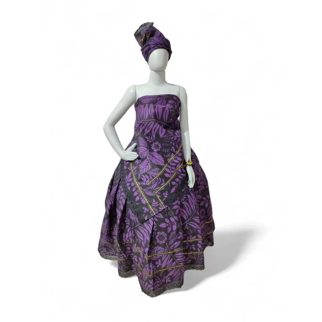 ROUPA FEMININA LUXO BAIANA POMBA GIRA 3PÇS ESTAMPADA PRETO E ROXO UMBANDA CANDOMBLÉ